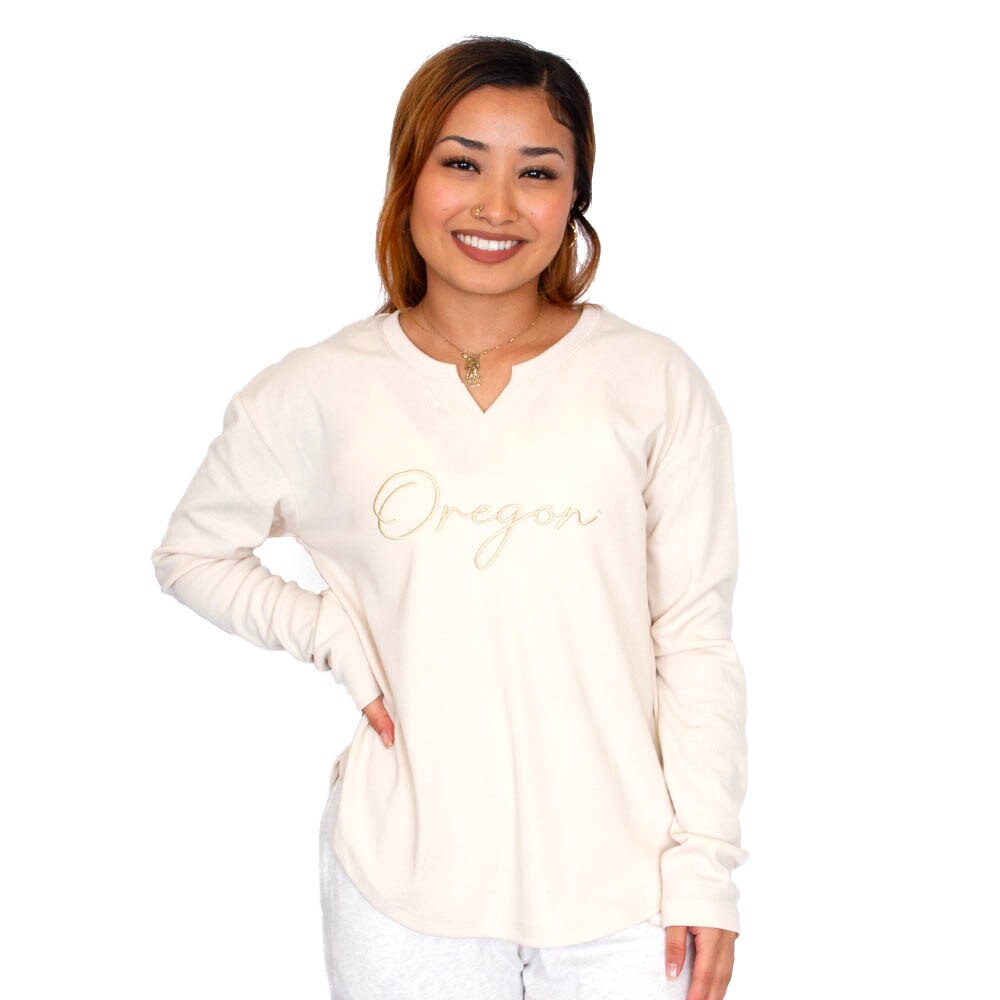 Ducks Spirit, Summit, White, Pullover, Polyester Blend, Women, Oatmeal, Tonal, Embroidered script, V-notched, Sweatshirt, 838529